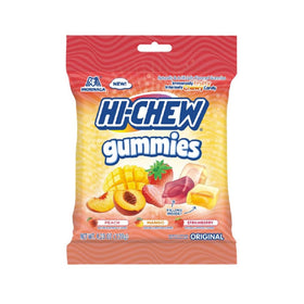 HI-CHEW Gummies bag shows Mango, Peach, and Strawberry flavors for on-the-go snacking.