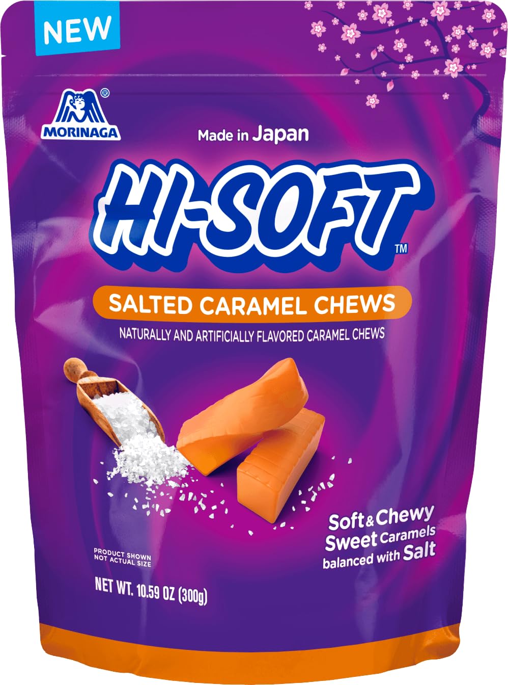 HI-SOFT salted caramel chews in a stand-up pouch for convenient on-the-go indulgence