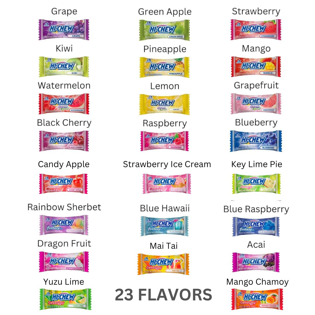 HI-CHEW juicy fruit flavors display with vibrant candies for snacking.