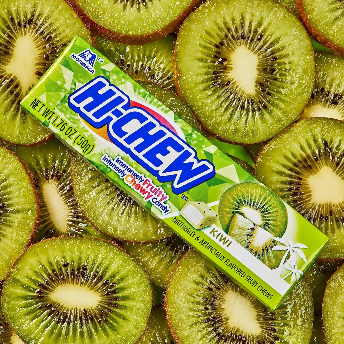 Hi-CHEW Kiwi Sticks juicy flavor close-up reveals real fruitiness.