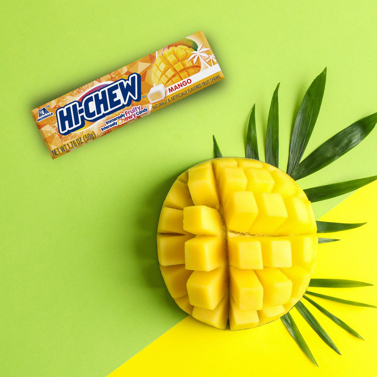 Close view shows HI-CHEW Mango Sticks in hand for on-the-go snacking