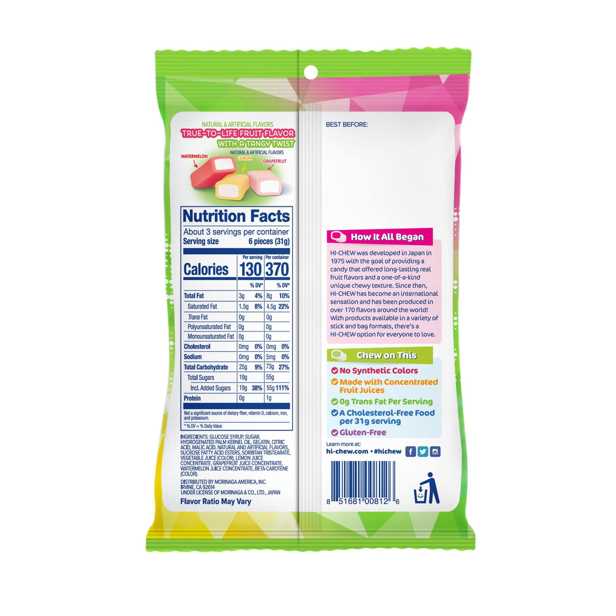 HI-CHEW watermelon-lemon-grapefruit bag close-up highlights individually wrapped bites for convenient on-the-go snacking.