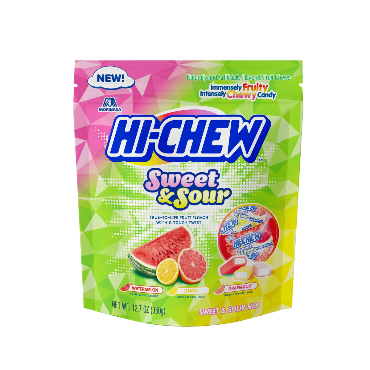 HI-CHEW stand-up pouches bulk display for convenient snacking on the go