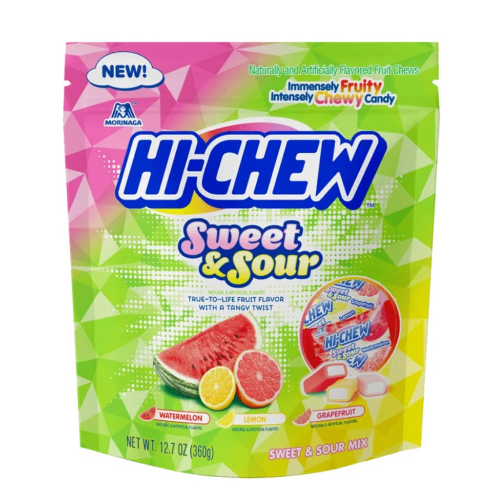 Hi-Chew Sweet-Sour Mix candies in stand-up bag with clip, convenient for on-the-go snacking.