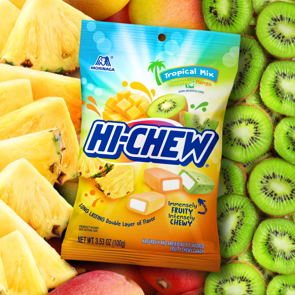 Close-up of HI-CHEW Tropical Mix candy texture and chewy fruit flavors