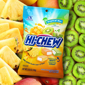 Close-up of HI-CHEW Tropical Mix candy texture and chewy fruit flavors