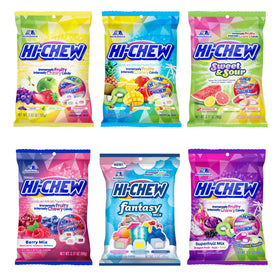 HI-CHEW variety mix six bags on display for sharing and tasting.
