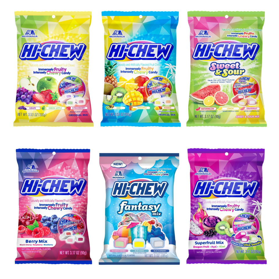 HI-CHEW variety mix six bags on display for sharing and tasting.