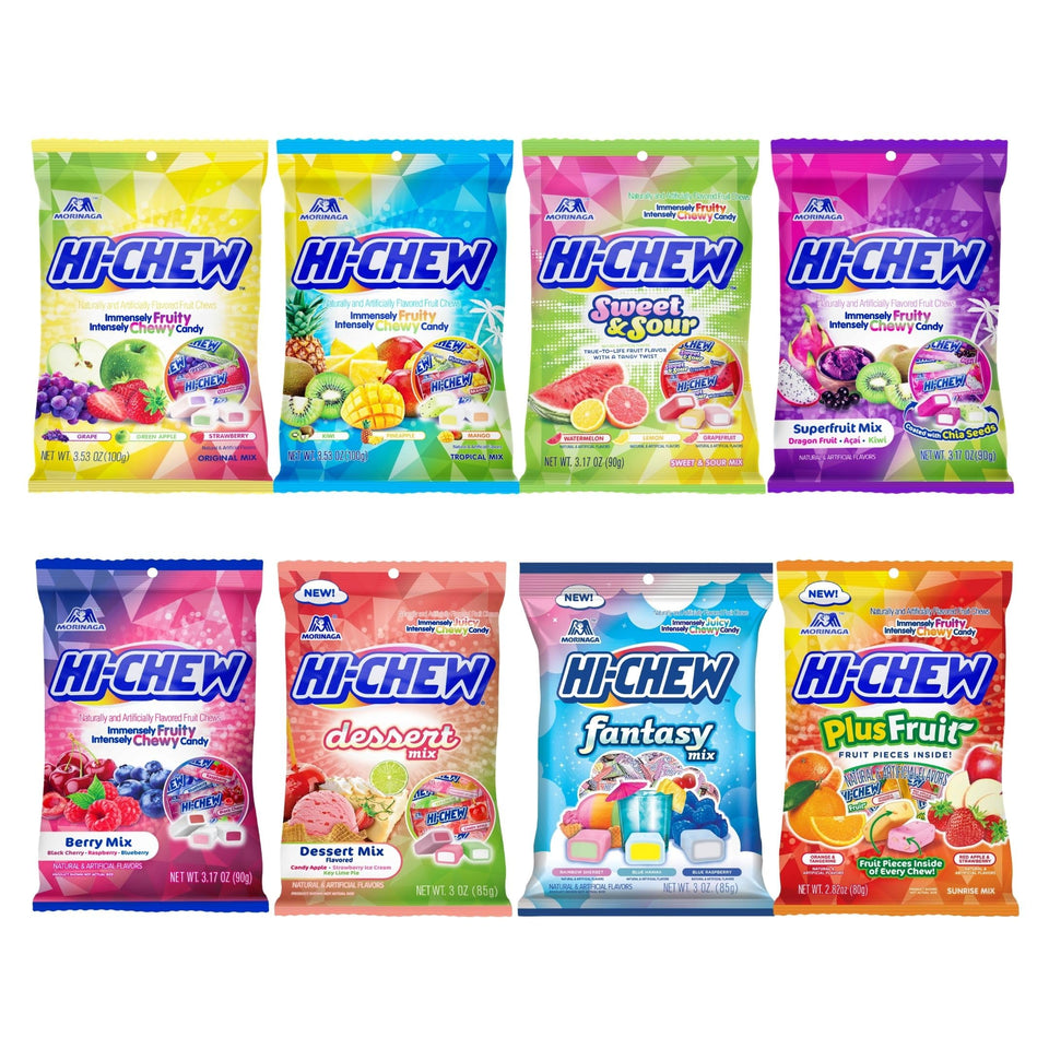 HI-CHEW Variety Mix eight-bag display of colorful fruit chews for sharing.