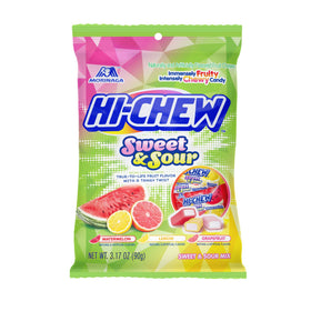 HI-CHEW watermelon-lemon-grapefruit pack shines with vibrant color and real fruit flavors, great for sharing.
