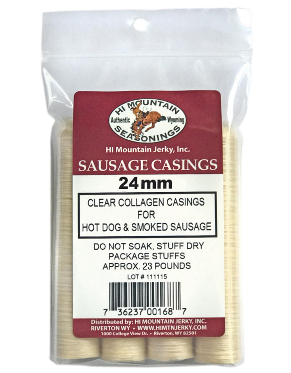 Hi Mountain 24mm hot dog casings are clear and edible for homemade sausages
