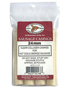 Hi Mountain 24mm hot dog casings are clear and edible for homemade sausages
