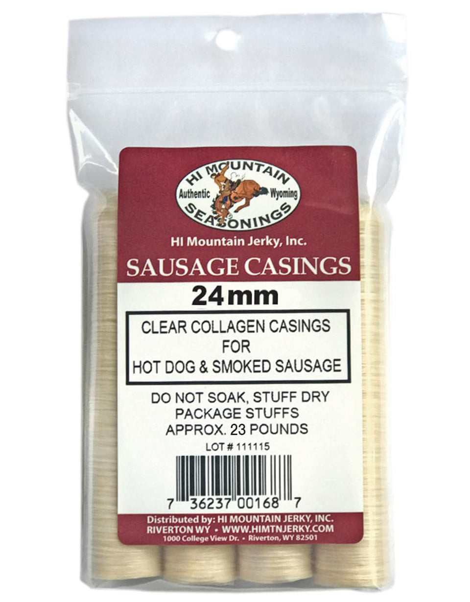 Hi Mountain 24mm hot dog casings are clear and edible for homemade sausages