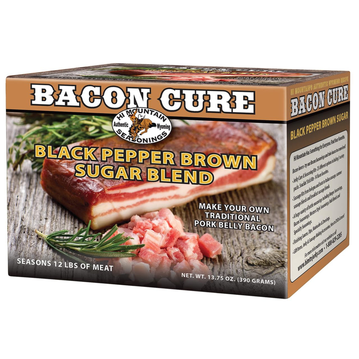 Hi Mountain Bacon Cure Seasoning Kit packaging, ready for homemade bacon.