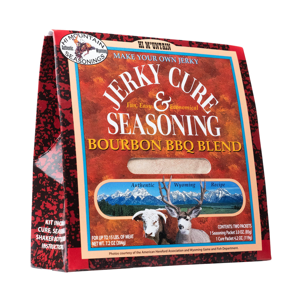 Hi Mountain Bourbon BBQ Jerky Seasoning Kit in packaging for beef and venison