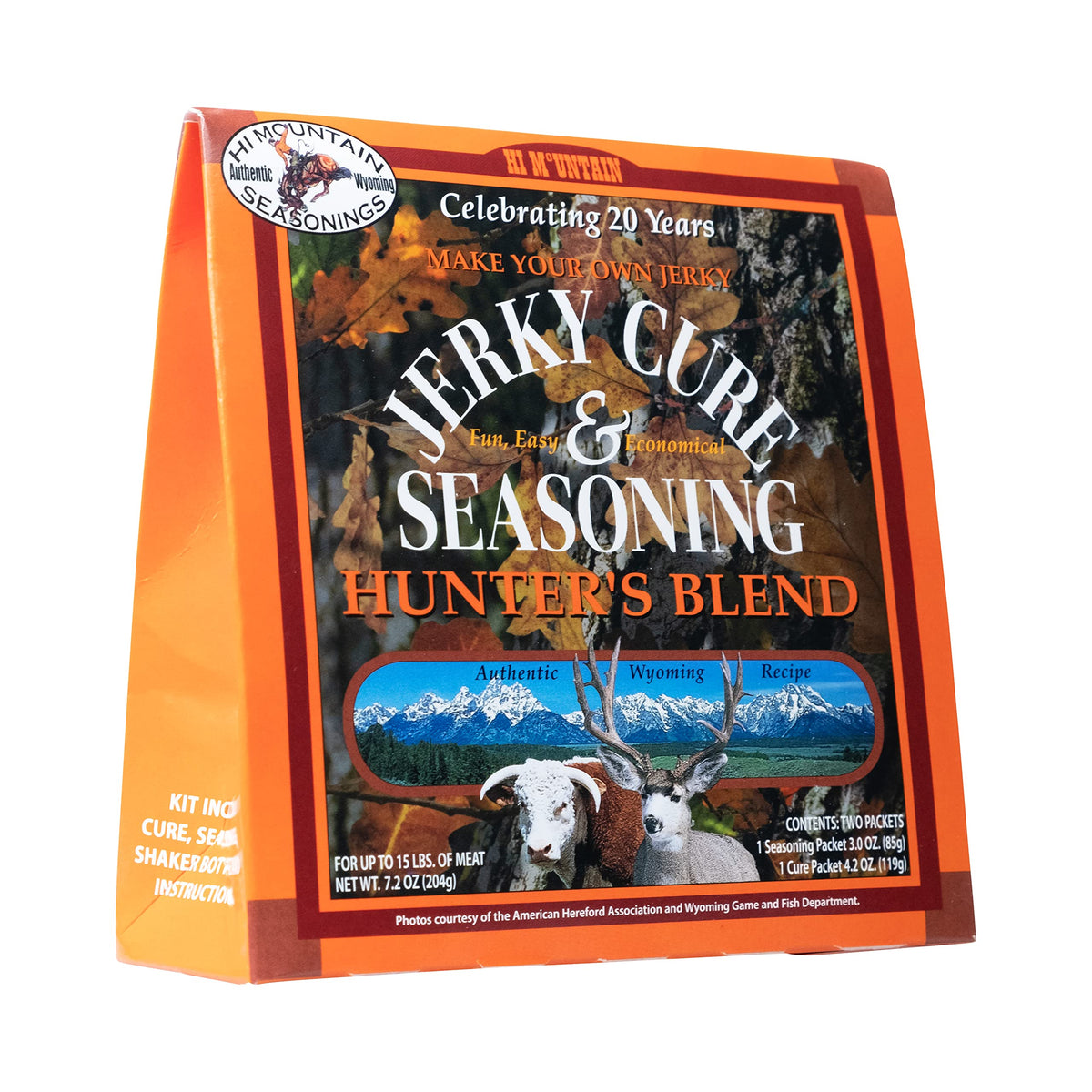 Hi Mountain Hunters Blend seasoning jar shown; elevates beef and game flavor for homemade jerky.