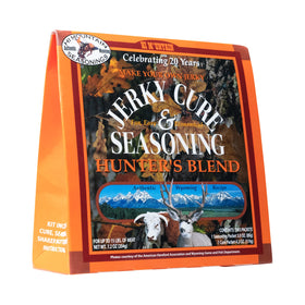 Hi Mountain Hunters Blend seasoning jar shown; elevates beef and game flavor for homemade jerky.