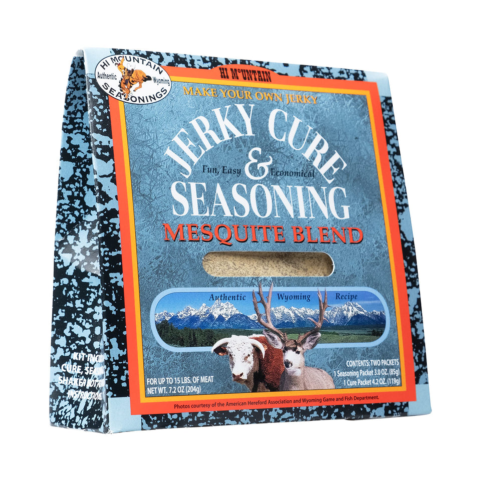 Hi Mountain Mesquite Blend seasoning bottle for smoky beef jerky at home.