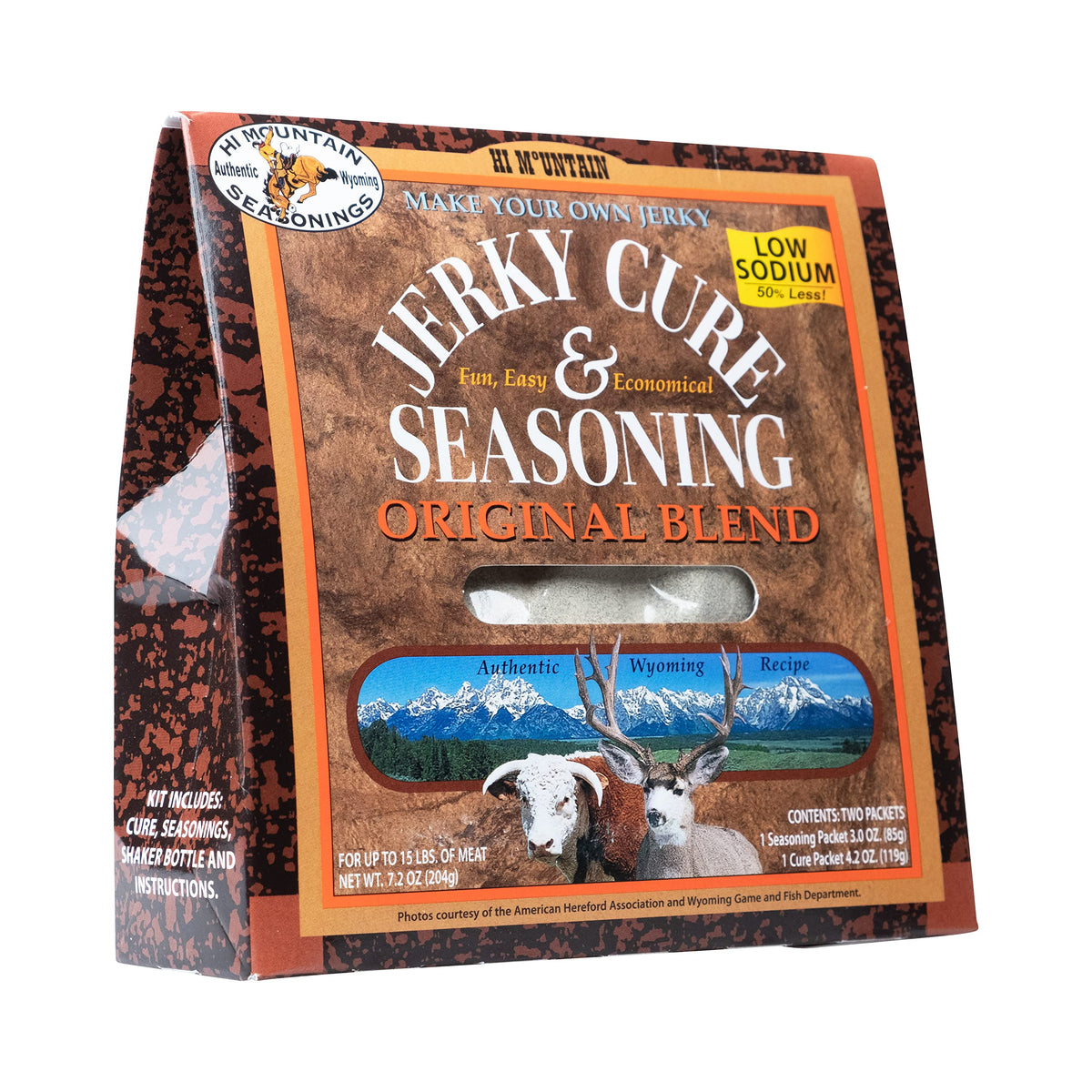 Hi Mountain Original Blend jerky seasoning packet enhances beef and game flavor.