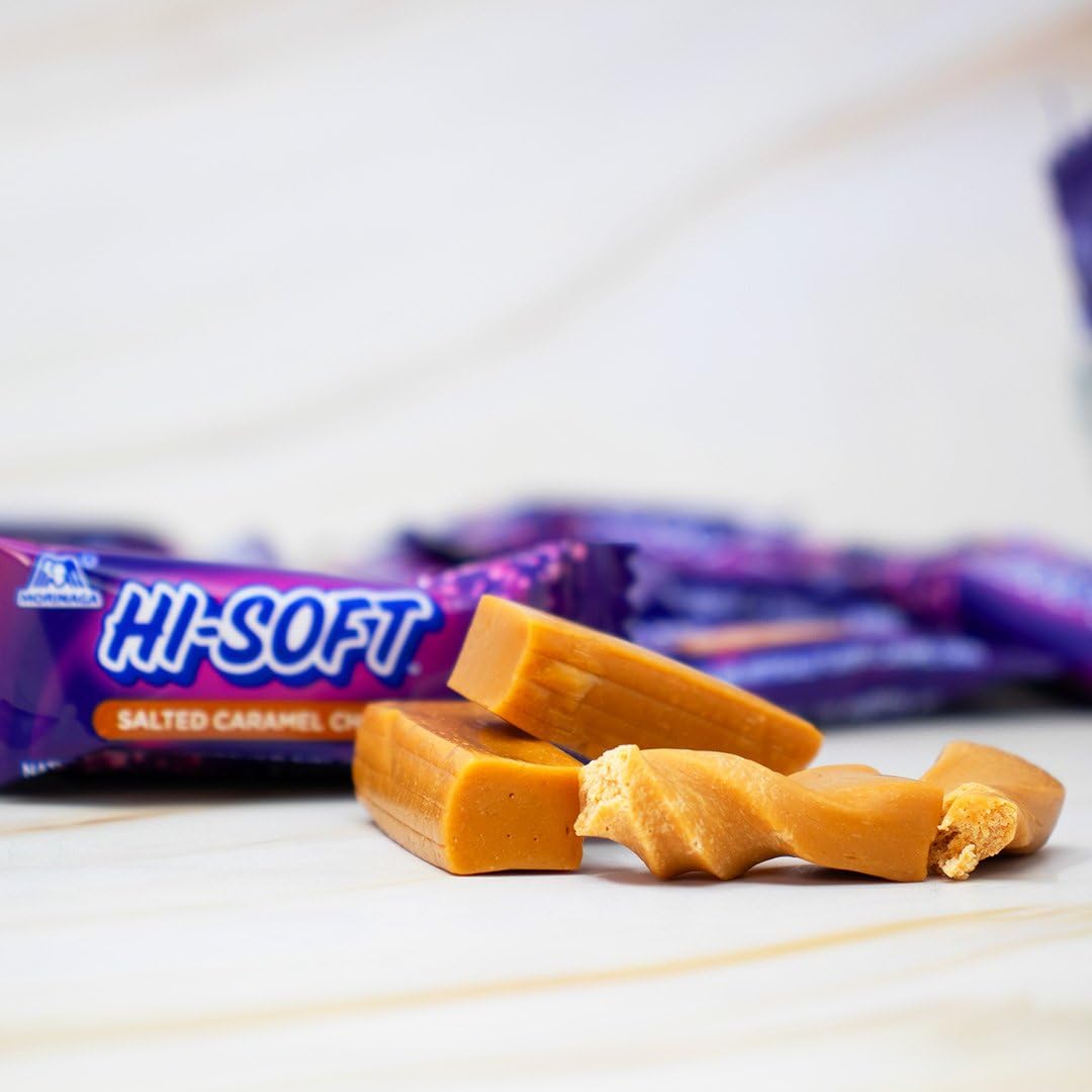 HI-SOFT Salted Caramel Chews 3 oz bag close-up highlighting soft, chewy texture.
