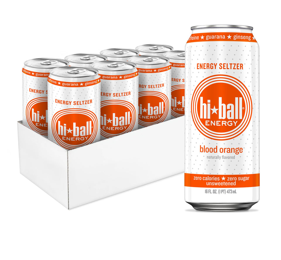 Hiball Blood Orange can front view highlighting crisp flavor and energy boost.