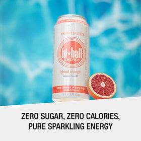 Hiball Blood Orange can side view showing label with organic caffeine and vitamins.