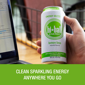 Label view highlighting organic caffeine, guarana, and ginseng in Hiball Lemon Lime.