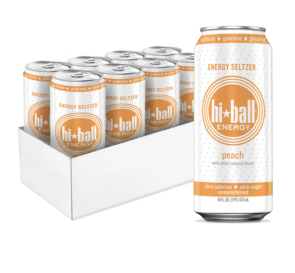 Hiball Energy Peach can with label highlights zero sugar and caffeine boost.