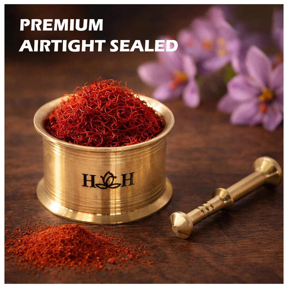 HICH SAFFRON packaging glass jar emphasizing freshness and purity.
