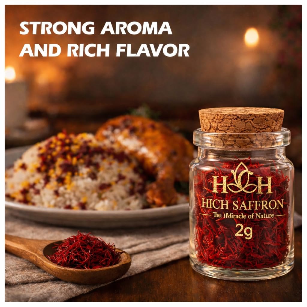 HICH SAFFRON tea infusion with saffron threads releasing fragrance and warm tint.