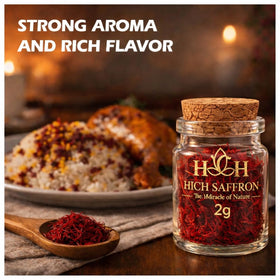 HICH SAFFRON tea infusion with saffron threads releasing fragrance and warm tint.