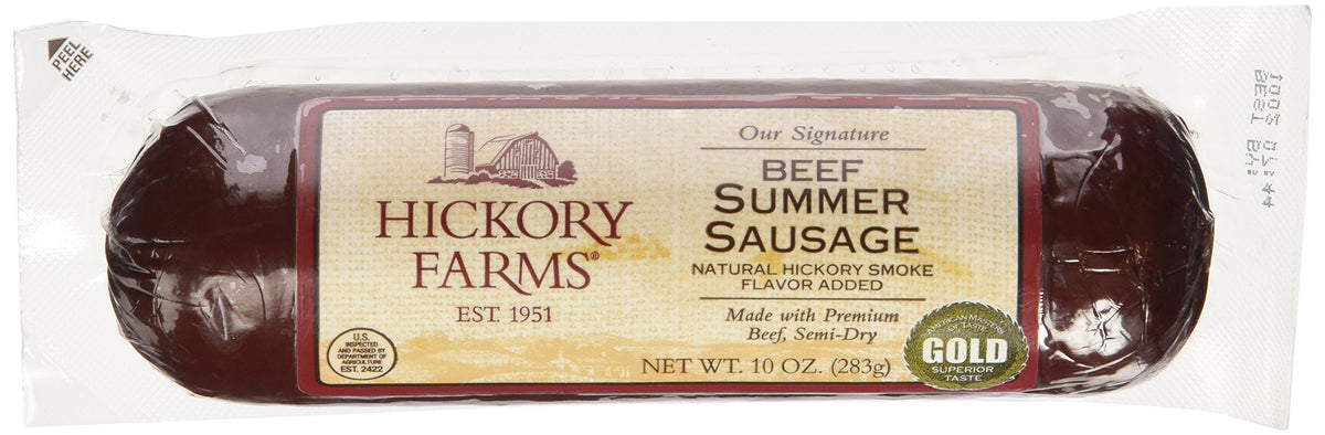 Hickory Farms beef summer sausage slices for quick snacking.