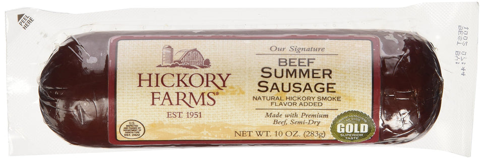 Hickory Farms beef summer sausage slices for quick snacking.