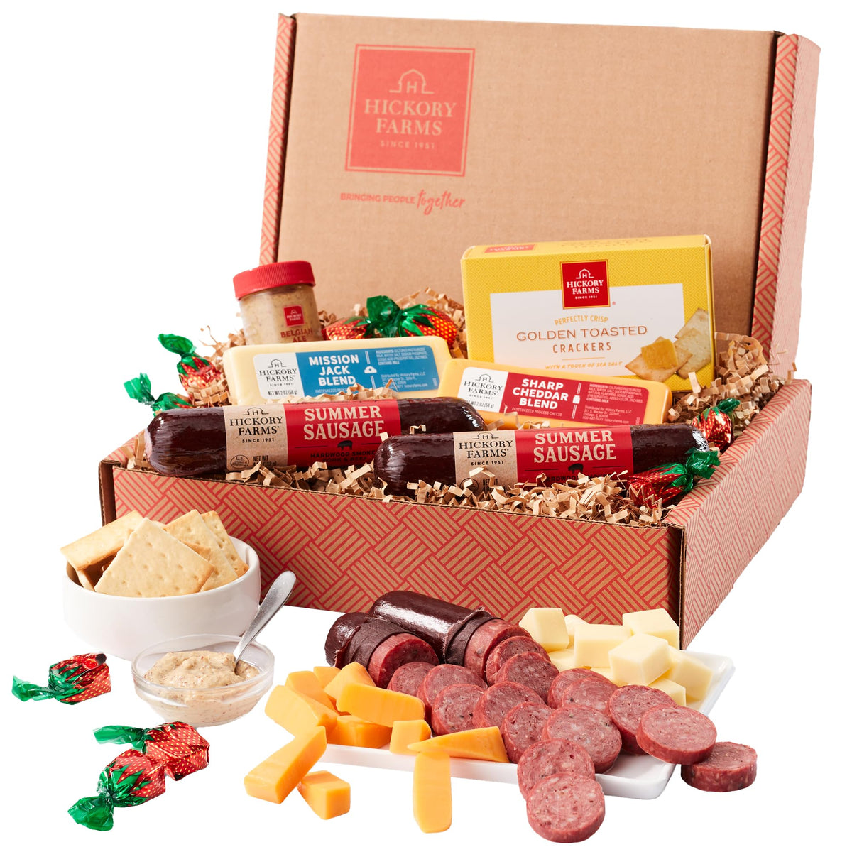 Hickory Farms Farmhouse Sharp Cheddar Blend adds creamy tang to a charcuterie board