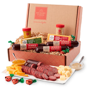 Hickory Farms gift box close-up highlighting premium charcuterie