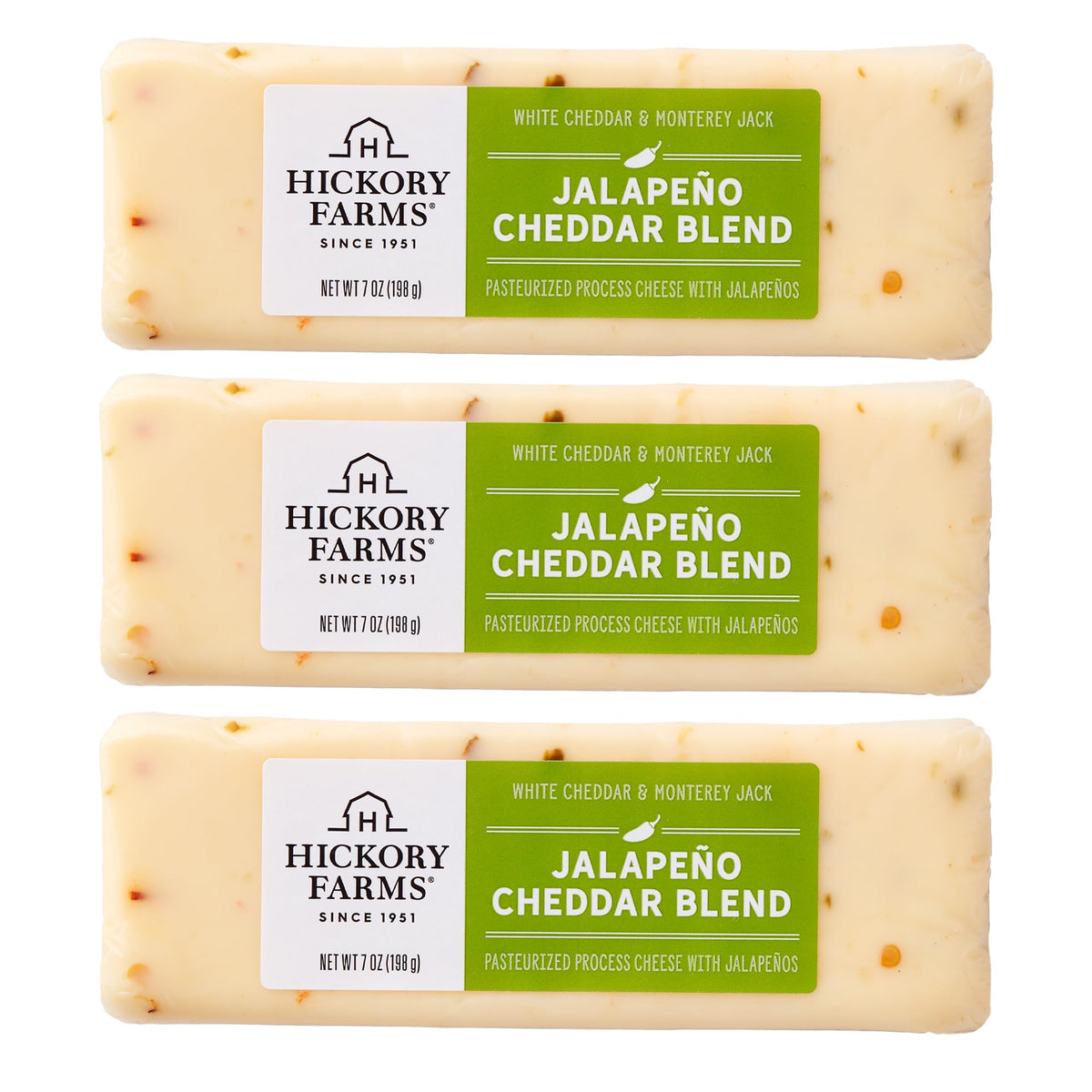 Hickory Farms jalapeño cheddar cheese blend 3-pack on a board for bold snacking.
