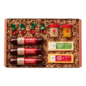 Hickory Farms Savory and Sweet meat and cheese basket ready for serving