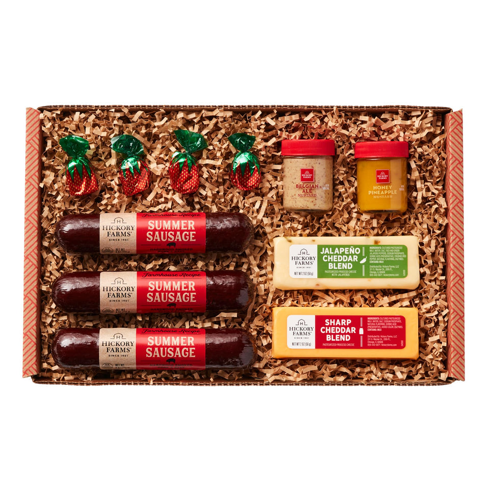 Hickory Farms Savory and Sweet meat and cheese basket ready for serving
