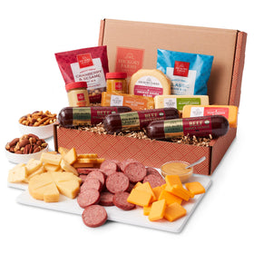 Hickory Farms Sharp Cheddar Blend slices paired with premium crackers.