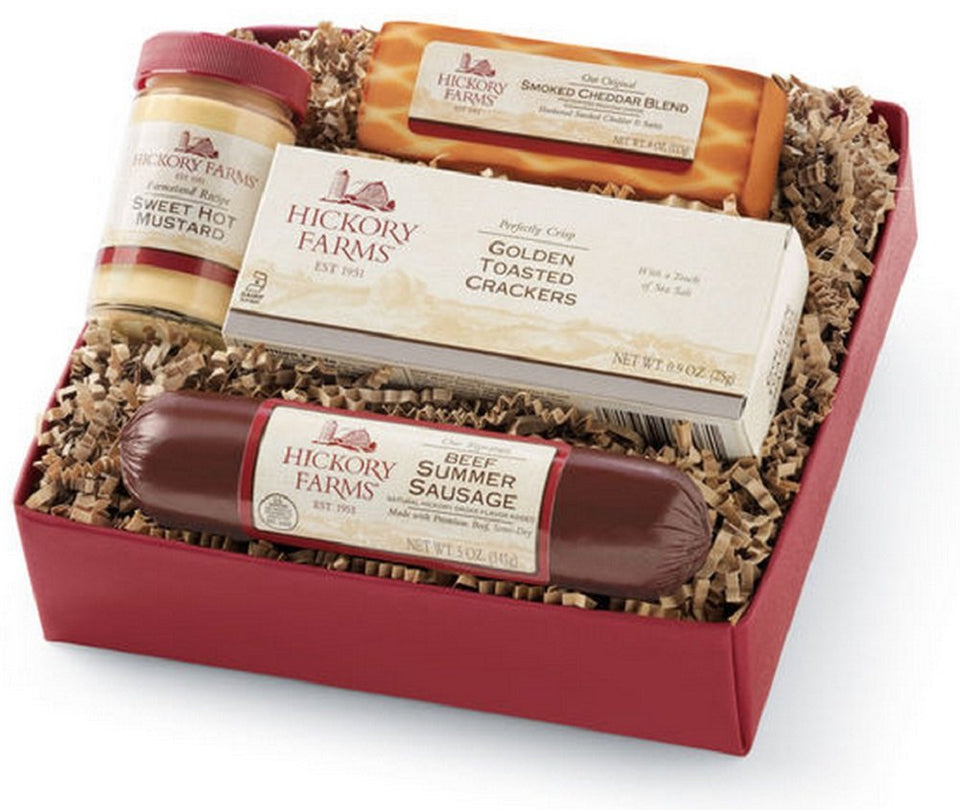 Hickory Farms Signature Beef Sampler on a serving board, perfect for gifts and entertaining.