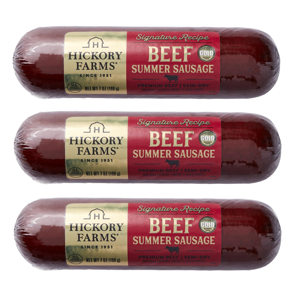 Hickory Farms Signature Beef Summer Sausage 3-pack front view for quick hosting prep