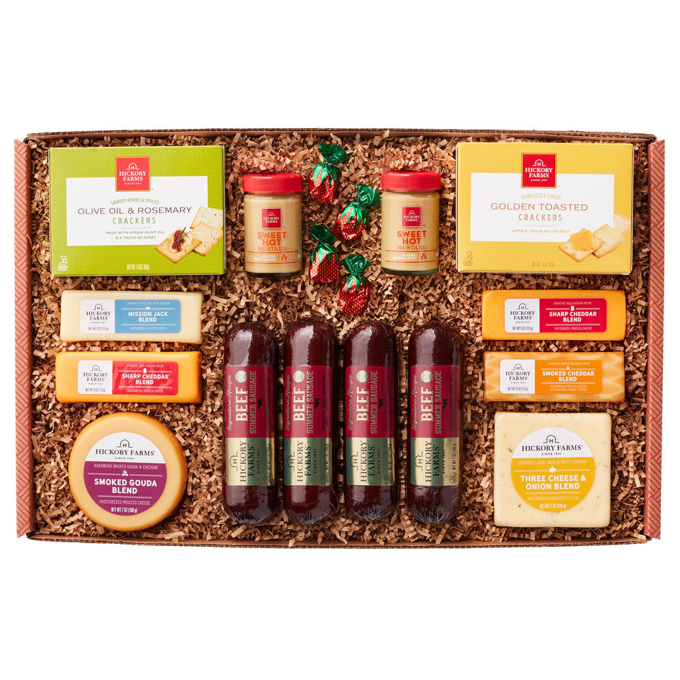 Hickory Farms Signature beef summer sausage on a party cheese board
