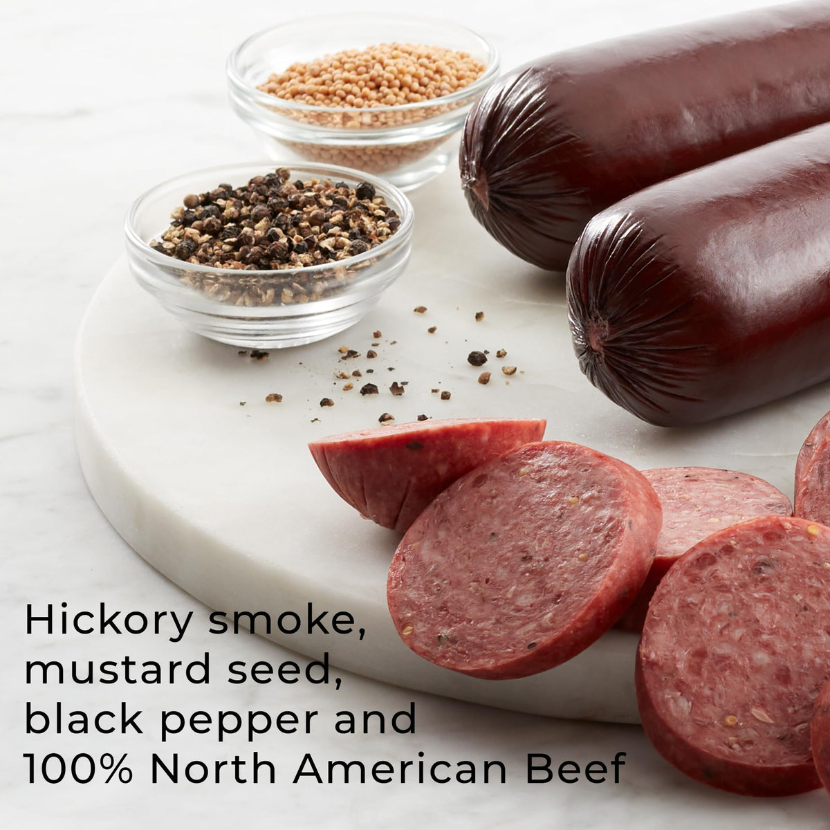 Hickory Farms Signature Beef Summer Sausage on a charcuterie board ready for sharing
