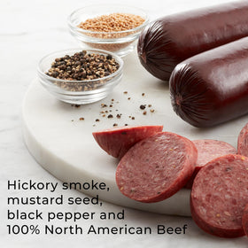 Hickory Farms Signature Beef Summer Sausage on a charcuterie board ready for sharing