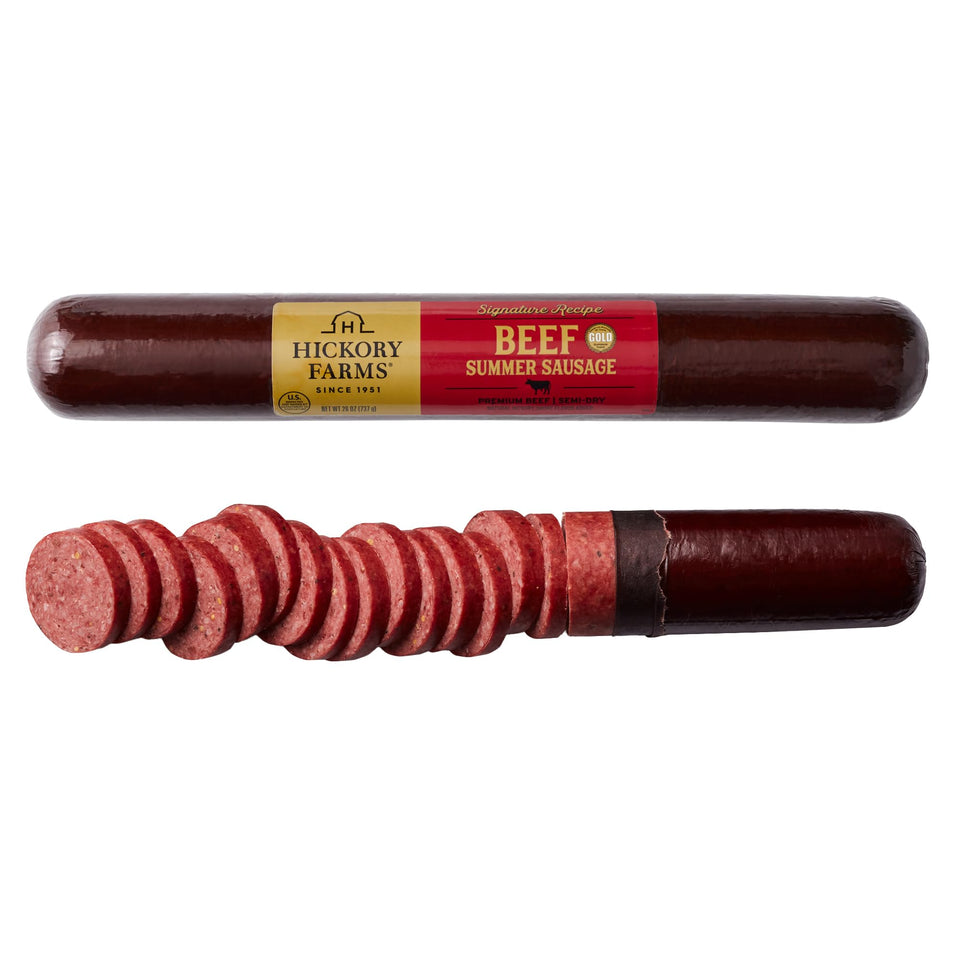 Hickory Farms Signature Beef Summer Sausage packfront, ideal for entertaining crowds