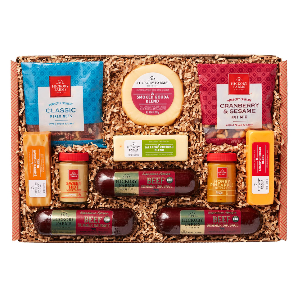 Hickory Farms Signature Beef Summer Sausage display with cheeses, ideal for entertaining.