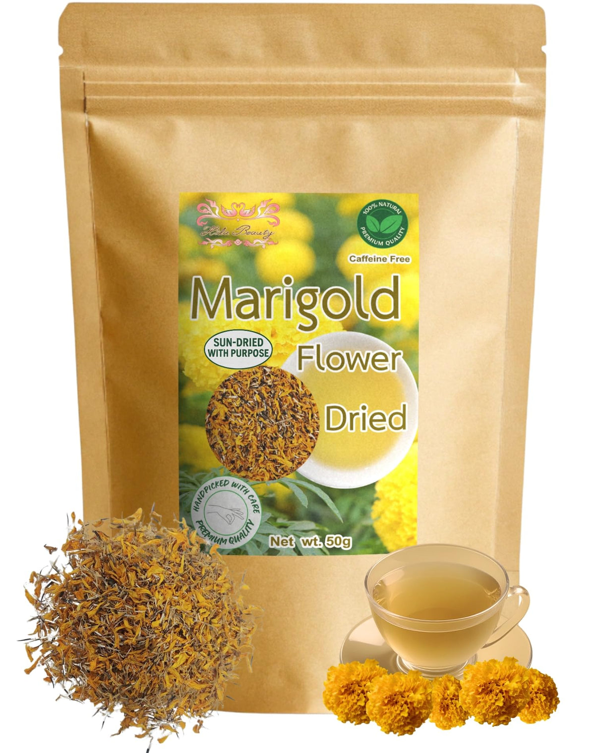 Hida Beauty dried marigold petals in opened packaging, ideal for crafts and decorative blends.