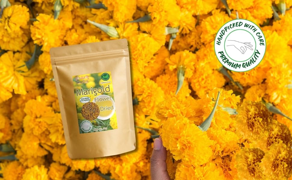 Hida Beauty marigold petals arranged in a bowl for potpourri and DIY projects.