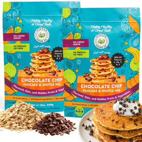 Hidden Foods Co chocolate chip pancake mix box ready for quick protein-packed breakfast