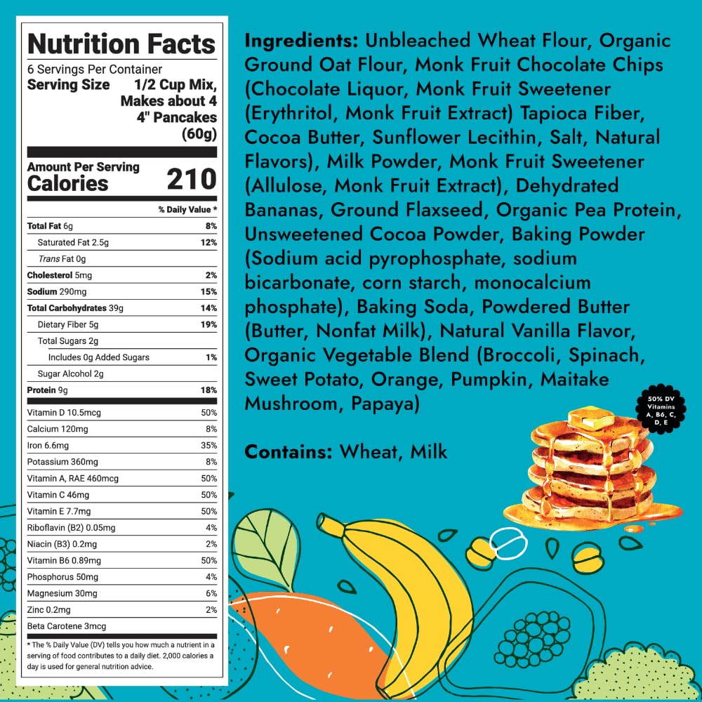 Hidden Foods Co chocolate chip pancake stack showing thick fluffy servings